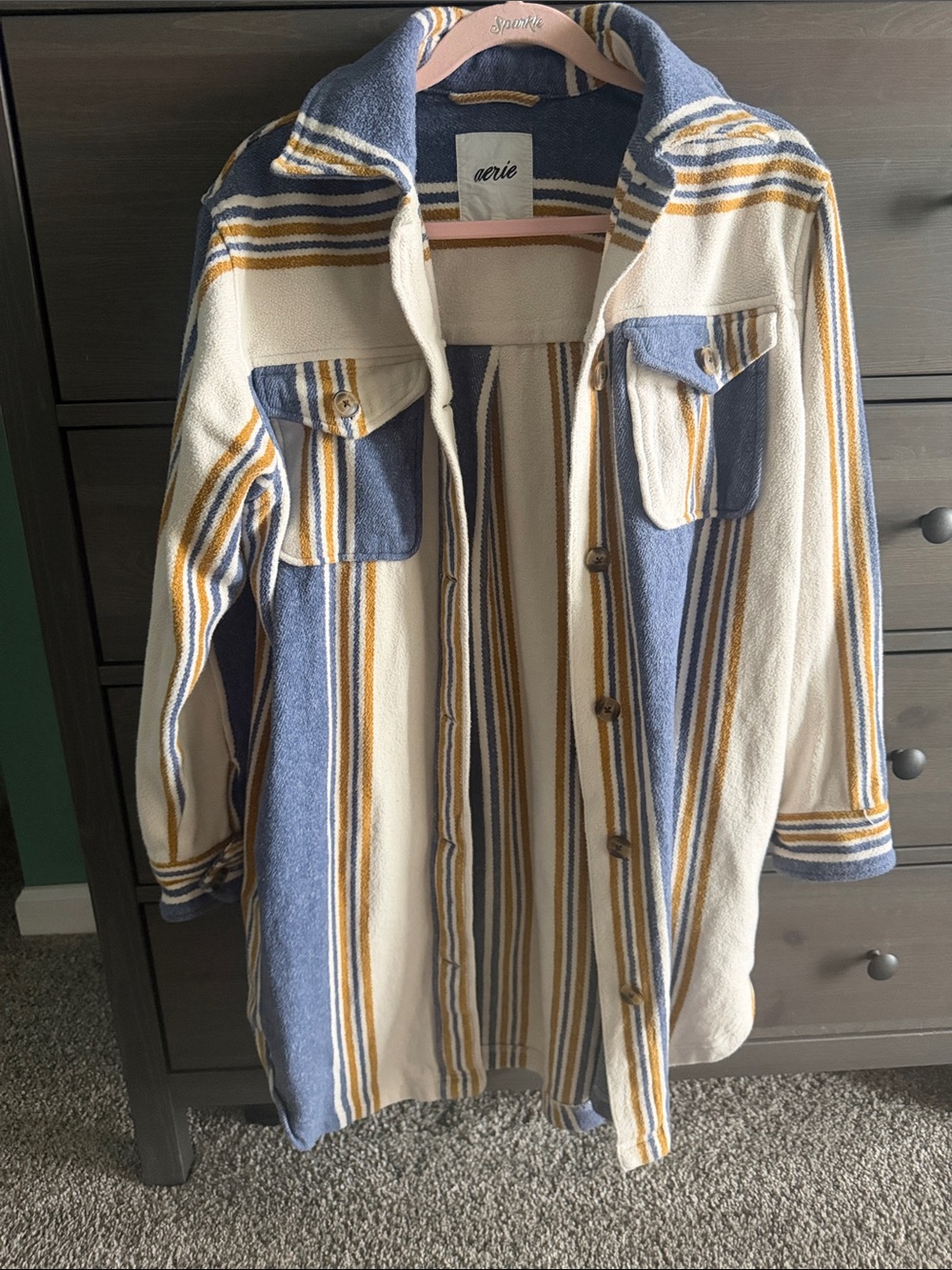 aerie Striped Shacket in Cream, Blue & Mustard